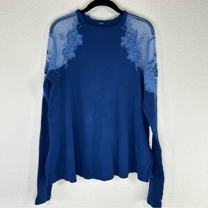 Free People Daniella Cobalt Royal Blue Floral Mesh Embroidered Ribbed Sweater